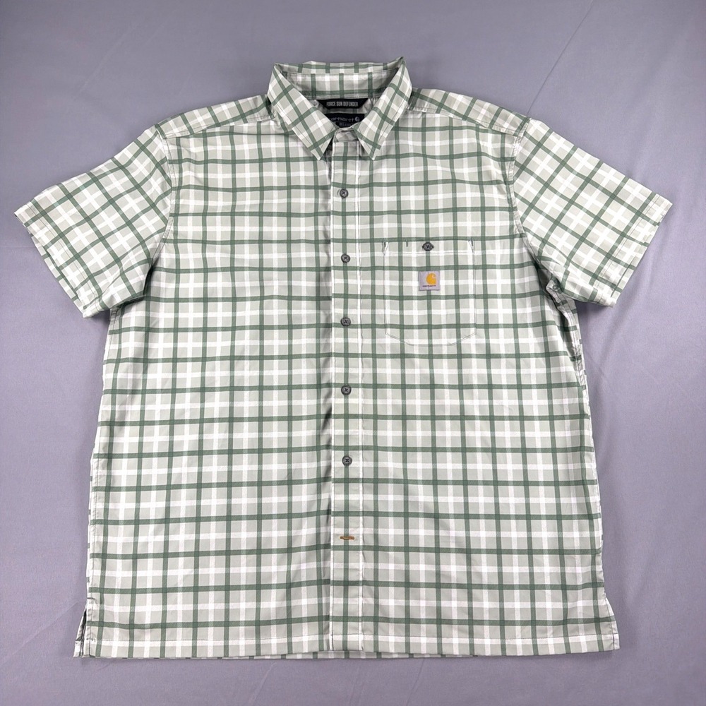 Carhartt Force Sun Defender Shirt XL Plaid Relaxed Fit Green White Workwear
